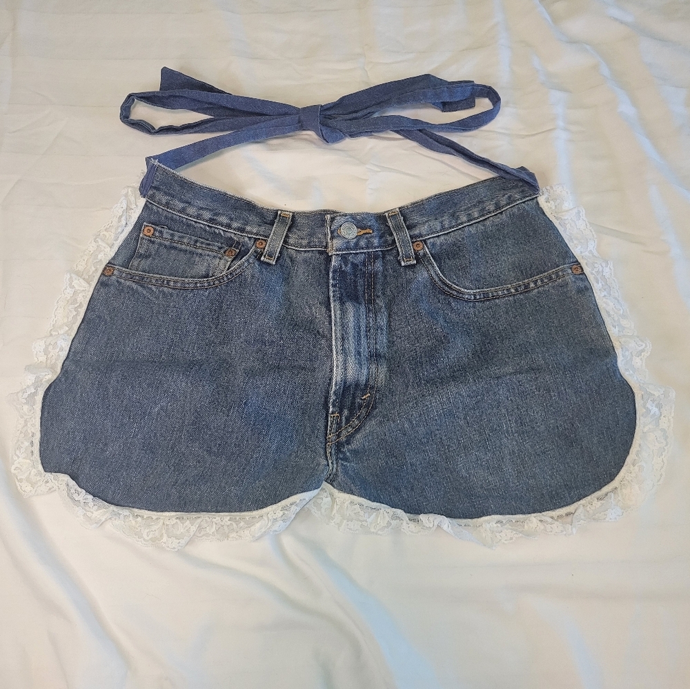 Repurposed Levi's Jeans Hip Apron with White Lace Detail